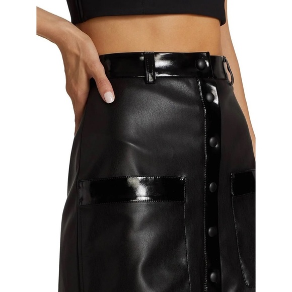 STAUD 70s Faux Leather High Waist Button Front Patent Trim Pocket Mini Skirt 6 - Picture 5 of 14